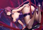  1girl all_fours animal_ears arm_behind_back ass bangs breasts bunny_ears bunny_tail bunnysuit cleavage detached_collar fate/grand_order fate_(series) feet_up fishnet_legwear fishnets gae_bolg hair_between_eyes high_heels large_breasts leotard long_hair looking_at_viewer multiple_weapons obiwan on_floor polearm purple_footwear purple_hair purple_leotard purple_neckwear red_eyes scathach_(fate)_(all) sideways signature solo spear tail thigh_strap thighs very_long_hair weapon wrist_cuffs 