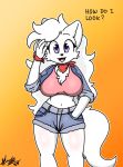  anthro blanca_(nicky_illust) bottomwear canid canine canis chest_tuft clothed clothing domestic_dog english_text female fluffy fluffy_tail fur hair hi_res long_tail mammal neckwear nicky_illust nordic_sled_dog purple_eyes samoyed shorts simple_background smile solo spitz text tuft white_body white_fur white_hair 