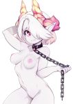  1girl black_collar breasts chain closed_mouth collar hair_over_one_eye highres horns medium_breasts navel nipples nude original pale_skin pink_eyes pointy_ears short_hair simple_background slugbox solo wavy_mouth white_hair 