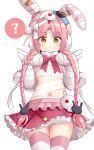  1girl ? animal_ears animal_hat bandaged_arm bandaged_hands bandages braid brown_eyes bunny_ears capelet commentary_request fake_animal_ears flat_chest fur_trim hands_on_own_chest hat highres long_hair looking_at_viewer mimi_(princess_connect!) miniskirt navel no_shirt pink_capelet pink_hair pink_headwear princess_connect! princess_connect!_re:dive red_skirt rokushou_kokuu simple_background skirt solo spoken_question_mark striped striped_legwear thigh_gap thighhighs thighs twin_braids twintails very_long_hair white_background zettai_ryouiki 
