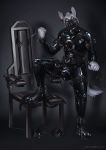  2019 anthro bdsm bondage_chair buckles bulge canid canine canis clothing cuffs_(disambiguation) deusexmoose domestic_dog harness hi_res imminent_bondage leash looking_at_viewer male mammal plantigrade rubber rubber_suit simple_background solo 