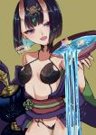  1girl alcohol artist_request bangs bare_shoulders blush bob_cut breasts collarbone cup dated eyeliner fangs fate/grand_order fate_(series) gourd green_background headpiece highres horns japanese_clothes kimono long_sleeves looking_at_viewer makeup obi off_shoulder oni oni_horns open_mouth pouring purple_eyes purple_hair purple_kimono revealing_clothes saint_quartz sakazuki sake sash short_hair shuten_douji_(fate/grand_order) skin-covered_horns small_breasts smile wide_sleeves 