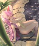  1girl absurdres animal_ears bamboo blurry blurry_foreground blush breasts bunny_ears covering covering_breasts depth_of_field from_above grass highres leaning_back long_hair medium_breasts nearoul_kishi nude open_mouth outdoors pink_hair red_eyes reisen_udongein_inaba ripples sitting soaking_feet solo touhou towel 