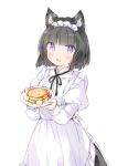 1girl :d animal_ear_fluff animal_ears apron bangs black_hair black_ribbon black_skirt blush cat_ears commentary_request eyebrows_visible_through_hair fang food frilled_apron frills hands_up holding holding_plate juliet_sleeves komugi_(wataame27) long_sleeves looking_at_viewer neck_ribbon open_mouth original pancake plate puffy_sleeves purple_eyes ribbon shirt simple_background skirt smile solo stack_of_pancakes waitress wataame27 white_apron white_background white_shirt 