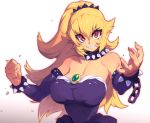  1girl bare_shoulders blonde_hair bowsette bracelet breasts cleavage collar collarbone commentary_request jewelry large_breasts long_hair looking_at_viewer mario_(series) metata new_super_mario_bros._u_deluxe ponytail princess_koopa red_eyes sharp_teeth smile solo spiked_armlet spiked_bracelet spiked_collar spikes teeth 