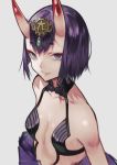  1girl absurdres bangs bare_shoulders bob_cut breasts collarbone eyeliner fate/grand_order fate_(series) headpiece highres horns japanese_clothes kimono looking_at_viewer makeup off_shoulder oni oni_horns purple_eyes purple_hair purple_kimono revealing_clothes short_eyebrows short_hair shuten_douji_(fate/grand_order) skin-covered_horns small_breasts smile yoshio_(55level) 