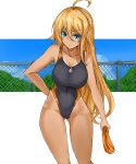  1girl ahoge ass_visible_through_thighs black_swimsuit blonde_hair blue_eyes blue_sky breasts chain-link_fence cloud collarbone commentary_request competition_swimsuit cowboy_shot eyebrows_visible_through_hair fence highleg highleg_swimsuit highres kurokage leaning_forward long_hair looking_at_viewer medium_breasts one-piece_swimsuit one-piece_tan original sky solo swimsuit tan tanline 