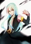  1other androgynous bangs bare_shoulders belt blue_hair detached_sleeves eyebrows_visible_through_hair hair_between_eyes highres long_hair long_sleeves looking_at_viewer open_mouth rimuru_tempest sakusan_yousoeki simple_background solo tensei_shitara_slime_datta_ken white_background yellow_eyes 