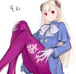  1girl albino blue_capelet breasts capcom_fighting_jam capelet commentary_request cravat dated hairpods highres ingrid legs_up long_hair looking_at_viewer pantyhose platinum_blonde_hair purple_legwear red_eyes sitting sketch small_breasts solo tetsu_(kimuchi) translation_request 