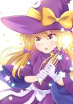  absurdres blonde_hair blush bow cowboy_shot crescent crescent_moon crescent_moon_pin dress eyebrows_visible_through_hair gloves haruki_reimari hat hat_bow highres holding holding_wand juliet_sleeves kirisame_marisa kirisame_marisa_(pc-98) long_hair long_sleeves moon open_mouth puffy_sleeves purple_bow purple_dress simple_background star_(sky) touhou touhou_(pc-98) wand white_background white_bow witch_hat yellow_bow yellow_eyes 