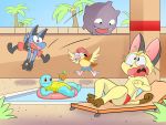  anthro beach bottomwear clothing evergreen_tree feral group hi_res koffing lucario male meowth nintendo palm_tree pidgey pok&eacute;mon pok&eacute;mon_(species) pool_(disambiguation) scared seaside shorts squirtle swimming swimming_trunks swimwear tree unknown_artist video_games 
