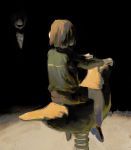  1other brown_hair brown_shorts chara_(undertale) english_commentary from_behind highres horror_(theme) long_sleeves open_mouth short_hair shorts sitting spring_rider striped striped_sweater sweater undertale unnecessa_ry w.d._gaster 