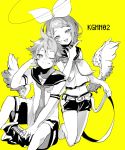  1boy 1girl absurdres bangs bare_shoulders bass_clef belt black_collar black_shorts bow collar commentary crop_top feathered_wings finger_gun greyscale hair_bow hair_ornament hairclip half-closed_eyes headphones highres holding_belt kagamine_len kagamine_rin kneeling looking_at_viewer midriff monochrome navel neckerchief necktie one_eye_closed open_mouth oyamada_gamata sailor_collar school_uniform shirt short_hair short_shorts short_sleeves shorts sitting sleeveless sleeveless_shirt sleeves_removed smile spiked_hair swept_bangs symbol_commentary vocaloid white_bow white_shirt wings yellow_background 