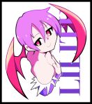  1girl artsy-rc bad_id bad_twitter_id bat_wings black_border border character_name closed_mouth covering covering_breasts flat_chest head_wings highres lilith_aensland looking_at_viewer purple_hair red_eyes slit_pupils smile solo upper_body vampire_(game) wings 