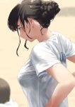  1girl black_hair black_swimsuit blush breasts clothing_cutout commentary_request from_side green_eyes hair_bun jonsun medium_breasts mole mole_under_eye original profile see-through short_hair short_sleeves solo_focus swimsuit swimsuit_under_clothes upper_body 