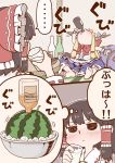  ... 2girls @_@ alcohol barefoot blue_skirt blush bottle bow bowl bowtie cup drinking drunk food fruit gourd hair_tubes hakurei_reimu hand_up holding holding_cup horn_bow horns ibuki_suika ice multiple_girls namesake poronegi red_neckwear sake sake_bottle skirt spoken_ellipsis touhou translation_request watermelon whiskey wristband 