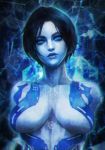  1girl absurdres black_hair blue_eyes blue_scarf blue_skin bodypaint breasts commentary cortana english_commentary forehead halo_(game) highres hologram lips medium_breasts monori_rogue neck_tattoo no_nipples nose painted_clothes portrait scarf short_hair solo tattoo 