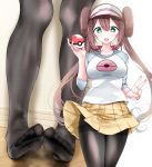  1girl :d blue_sleeves blush bow breasts bright_pupils brown_hair collarbone cowboy_shot double_bun feet green_eyes highres holding holding_poke_ball long_hair long_sleeves looking_at_viewer medium_breasts miniskirt multiple_views no_shoes oouso open_mouth pantyhose pleated_skirt poke_ball poke_ball_(basic) poke_ball_print pokemon pokemon_(game) pokemon_bw2 print_skirt raglan_sleeves red_bow rosa_(pokemon) shirt skirt smile thighband_pantyhose twintails v very_long_hair visor_cap white_headwear white_shirt yellow_skirt 