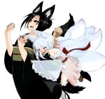  2girls :3 :d animal_ear_fluff animal_ears bare_shoulders black_hair black_kimono black_nails black_sclera blue_hair blush closed_eyes d: detached_sleeves doitsuken fingernails fox_ears fox_tail green_sash highres hug hug_from_behind japanese_clothes kimono kitsune kitsune_spirit_(doitsuken) long_sleeves multicolored_hair multiple_girls multiple_tails nail_polish obi open_mouth original pink_kimono sash sharp_fingernails sharp_teeth simple_background smile tail teeth whiskers white_background yellow_eyes 