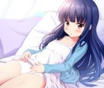  1girl ayase_midori bangs bed_sheet blue_hair blue_jacket blunt_bangs blush breasts cleavage collarbone commentary_request dress eyebrows_visible_through_hair idolmaster idolmaster_cinderella_girls jacket long_hair long_sleeves lying on_back open_clothes open_jacket panties parted_lips pillow red_eyes sajou_yukimi sleeveless sleeveless_dress sleeves_past_wrists small_breasts solo underwear very_long_hair white_dress white_panties 