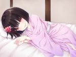  1girl black_hair commentary_request futon hair_ornament highres indoors japanese_clothes kimono lying obi on_side original pillow purple_kimono red_eyes sasasa_(nashi) sash short_hair solo wide_sleeves youkai yukata zashiki-warashi 