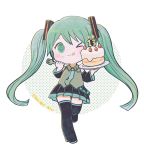  &gt;_o :3 :q ayu_(mog) black_legwear black_skirt blue_neckwear blush_stickers chibi detached_sleeves dot_nose food food_on_face fork green_eyes green_hair hatsune_miku holding holding_fork long_hair long_sleeves looking_at_viewer necktie one_eye_closed pleated_skirt skirt smile thighhighs tongue tongue_out twintails very_long_hair vest vocaloid 