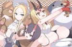  3girls abigail_williams_(fate/grand_order) abigail_williams_(swimsuit_foreigner)_(fate) absurdres ass back bangs bare_shoulders bikini blonde_hair blue_eyes blush bob_cut bonnet bow breasts eyeliner facial_mark fate/grand_order fate_(series) forehead forehead_mark hair_bow hair_pulled_back highres horns ibaraki_douji_(fate/grand_order) ichikawayan long_hair looking_at_viewer lying makeup miniskirt multiple_girls navel on_stomach oni oni_horns open_mouth parted_bangs pointy_ears purple_eyes purple_hair short_hair shuten_douji_(fate/grand_order) sidelocks skin-covered_horns skirt small_breasts smile stuffed_toy swimsuit tattoo very_long_hair white_bikini white_bow white_headwear yellow_eyes 