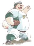  2020 anthro ball baseball_(ball) baseball_(sport) baseball_cap baseball_glove baseball_uniform belly blush bottomwear canid canine canis clothing domestic_dog eyes_closed fuku_(garouzuki) garouzuki hat headgear headwear hi_res husky kemono male mammal nordic_sled_dog overweight overweight_anthro overweight_male pants shirt solo spitz sport sportswear topwear uniform 