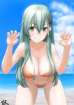  1girl aqua_eyes aqua_hair artist_name beach bikini blue_sky breasts claw_pose cleavage cloud commentary_request cowboy_shot curled_fingers day grin hair_ornament hairclip highres horizon kantai_collection large_breasts leaning_forward long_hair ocean orange_bikini outdoors sky smile solo suzuya_(kantai_collection) swimsuit t2r 