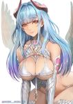  1girl bare_shoulders blue_hair breasts cleavage commentary_request elbow_gloves eyebrows_visible_through_hair gloves heart heart-shaped_pupils highres horns large_breasts long_hair looking_at_viewer ninnin_(shishitou) simple_background solo symbol-shaped_pupils white_background wings 