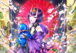  1girl bangs bare_shoulders bob_cut breasts bridal_gauntlets cherry_blossoms collarbone eyeliner fate/grand_order fate_(series) gourd headpiece highres horns japanese_clothes kimono long_sleeves looking_at_viewer makeup off_shoulder oni oni_horns oriental_umbrella parted_lips purple_eyes purple_hair purple_kimono revealing_clothes short_hair shuten_douji_(fate/grand_order) skin-covered_horns small_breasts umbrella wide_sleeves yan_chunqui 