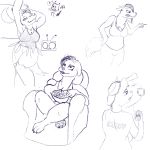  angry anthro big_breasts breasts camera canid canine canis cervid cervine clothed clothing dancing female food hair hi_res mammal maura_(threepaws) popcorn simple_background solo teah_(threepaws) texting threepaws wolf 