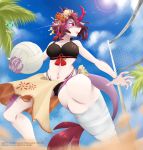  1girl absurdres al_sensei908 arknights ball beach bikini breasts day dragon_girl dragon_tail hair_ornament highres horns large_breasts navel net open_mouth princess_fumizuki_(arknights) short_hair single_horn solo sport swimsuit tail volleyball 