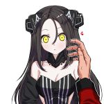  1girl bare_shoulders black_hair breasts cleavage closed_mouth dreamer_(girls_frontline) e.de.n girls_frontline hair_between_eyes headgear long_hair long_sleeves pov pov_hands simple_background solo_focus upper_body white_background yellow_eyes 