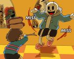  2girls 3boys 3others against_window alphys black_shorts bob_cut brown_hair buck_teeth burgerpants checkered checkered_floor commentary frisk_(undertale) gameplay_mechanics ghost glasses hat hood hoodie horns mettaton monster_girl monster_kid_(undertale) multiple_boys multiple_girls multiple_others napstablook pac-man_eyes pink_footwear ponytail sans sharp_teeth shorts shrugging skeleton slippers spoilers stick striped striped_sweater sweater teeth tongue tongue_out top_hat toriel undertale undyne 