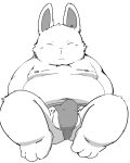  2020 anthro asian_clothing balls belly bulge clothing east_asian_clothing eyes_closed fundoshi genitals hi_res japanese_clothing kemono lagomorph leporid male mammal moobs nipples overweight overweight_anthro overweight_male rabbit ryuryutwins simple_background sitting solo underwear white_background 