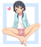  1girl barefoot black_hair blue_eyes blush breasts ch-b collarbone crotch eyebrows_visible_through_hair fang full_body glasses heart highres hodaka_natsumi houkago_teibou_nisshi looking_at_viewer open_mouth pink_shorts shiny shiny_hair shiny_skin shirt short_hair shorts simple_background sitting small_breasts smile solo spread_legs white_shirt 