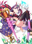  1girl animal armpits bangs bare_shoulders black_fundoshi black_legwear blush breasts chinese_clothes choker closed_mouth club collarbone crystal detached_sleeves dudou earrings eyeliner fate/grand_order fate_(series) feet horns jewelry kouda_hayato_(e-gis) legs makeup oni oni_horns pointy_ears purple_eyes purple_hair shawl short_hair shuten_douji_(fate/grand_order) shuten_douji_(halloween_caster)_(fate) skin-covered_horns small_breasts smile spiked_club star_(symbol) star_print toeless_legwear weapon white_background 