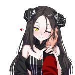  1girl bare_shoulders black_hair breasts cleavage closed_mouth dreamer_(girls_frontline) e.de.n girls_frontline hair_between_eyes hand_on_another&#039;s_cheek hand_on_another&#039;s_face headgear jewelry long_hair long_sleeves one_eye_closed pov pov_hands ring simple_background smile solo_focus upper_body wedding_ring white_background yellow_eyes 
