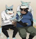  2020 absurd_res anthro belly blue_body blue_fur bottomwear brown_body brown_fur canid canine canis cellphone clothing fur group hi_res kemono male mammal overweight overweight_male pants phone raccoon_dog shirt sitting smartphone tanuki topwear unagiga_hitotsu white_body white_fur wolf 