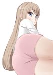  1girl ass brown_hair easy_(aqk7bdqt) frown gal_to_kyouryuu grey_eyes kaede_(gal_to_kyouryuu) long_hair looking_at_viewer lying on_side pink_shorts shirt short_shorts shorts solo white_background white_shirt 