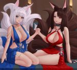  akagi_(azur_lane) akagi_(blushing_intoxication)_(azur_lane) alternate_costume animal_ears azur_lane bangs bare_shoulders blue_dress blue_eyes blunt_bangs blush breasts brown_hair choker cleavage commentary_request dress english_commentary fox_ears fox_girl fox_tail gloves halter_dress highres holding_hands jewelry kaga_(azur_lane) kaga_(white-tailed_magnificence)_(azur_lane) large_breasts long_hair looking_at_viewer mixed-language_commentary multiple_girls multiple_tails necklace red_dress red_eyes short_hair sidelocks single_glove sitting sleeveless smile tail thighs white_hair zaphn 