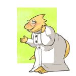  alphys anthro barefoot belly blush bodily_fluids breasts buckteeth clothed clothing coat eyewear female glasses hand_on_face hand_out lab_coat leaning leaning_forward lizard love_handles nervous nervous_smile non-mammal_breasts overweight overweight_anthro overweight_female pigeon_toed reptile scales scalie shirt simple_background smile solo specialsari standing sweat teeth thick_tail thick_thighs topwear undertale video_games wide_hips yellow_body yellow_scales 