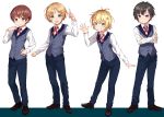  4boys absurdres black_hair blonde_hair blue_eyes brown_hair collared_shirt cross_tie crossed_arms full_body green_eyes hair_ornament hairclip highres konmamion male_focus multiple_boys open_mouth original purple_eyes shirt simple_background smile vest waving white_background white_shirt 