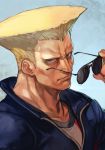  1boy aviator_sunglasses blonde_hair blue_eyes blue_jacket closed_mouth glasses guile hankuri holding holding_eyewear jacket looking_at_viewer male_focus muscle shirt simple_background solo street_fighter street_fighter_v sunglasses white_shirt 