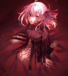  1girl ahoge breasts commentary_request corruption dark_sakura dress fate/stay_night fate_(series) full_body hair_between_eyes highres hiro_(hirohiro_gorira) looking_at_viewer matou_sakura medium_hair open_mouth purple_eyes sitting solo teeth white_hair 