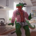  abs anthro beverage big_(disambiguation) breakfast clothing conditional_dnp danza dragon fluffy hi_res hoodie jacket male morning muscular patreon spreading tea topwear western 
