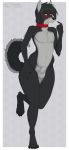 amber_eyes animal_genitalia anthro balls black_body black_fur blush canid canine canis collar fluffy fur genitals gesture hi_res looking_at_viewer male mammal on_one_leg pointing pointing_at_self sheath simple_background smile solo standing white_body white_fur wolf xredpandax_(artist) 