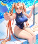  1girl ag-1_nereid bangs blush breasts food goggles goggles_around_neck green_eyes highres incoming_food large_breasts last_origin long_hair one-piece_swimsuit open_mouth orange_hair pool poolside popsicle smile solo swimsuit thighhighs twintails very_long_hair wet wet_hair wonchun 