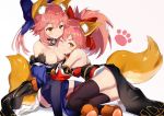  2girls absurdres animal_ear_fluff animal_ears bare_shoulders bell bell_collar black_legwear blue_kimono blue_legwear blue_ribbon blush breasts cat_paws cleavage collar detached_sleeves dual_persona eyebrows_visible_through_hair fate/grand_order fate_(series) fox_ears fox_girl fox_tail gloves hair_ribbon highres japanese_clothes jingle_bell kimono large_breasts long_hair multiple_girls one_eye_closed paw_gloves paw_shoes paws pink_hair ponytail red_kimono red_ribbon ribbon same_(sendai623) shoes simple_background tail tamamo_(fate)_(all) tamamo_cat_(fate) tamamo_no_mae_(fate) white_background yellow_eyes 